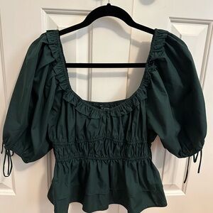 En Saison Poplin Puff-Sleeve Top Dark Green size Medium